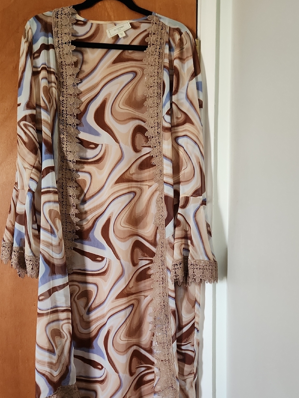 Sheer Marble Swirl Print Lace-Trim Kimono - Beige Blue Brown Size Medium
